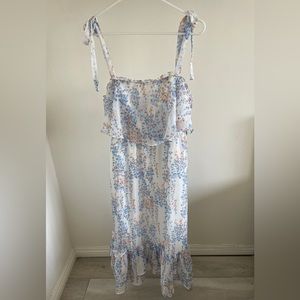 Selfie Floral Chiffon Ruffle Midi Dress Blue/White (NWT) (Large)